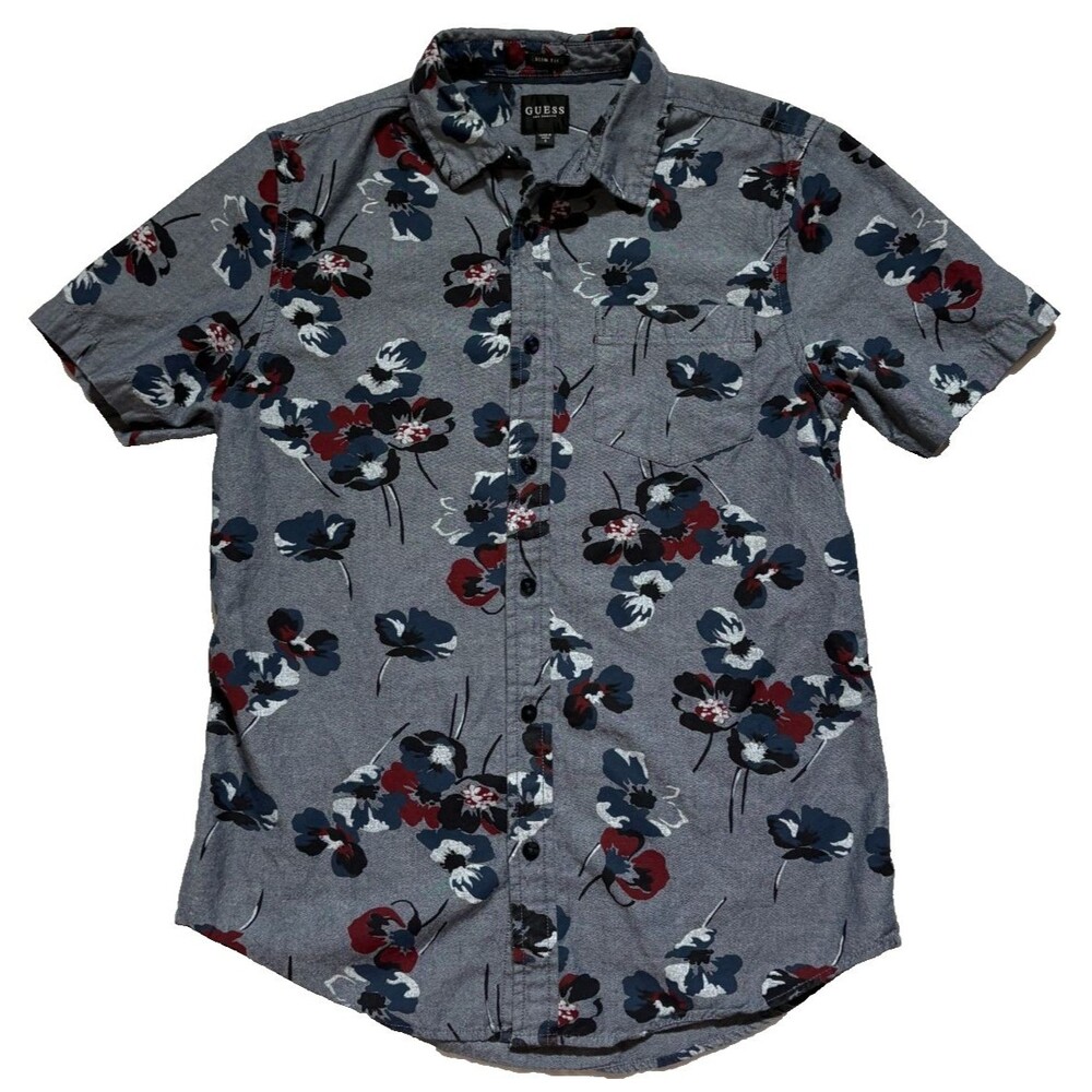 GUESS Mens Slim Fit Short Sleeve Dark Floral Button Down Shirt Small 100% Cotton